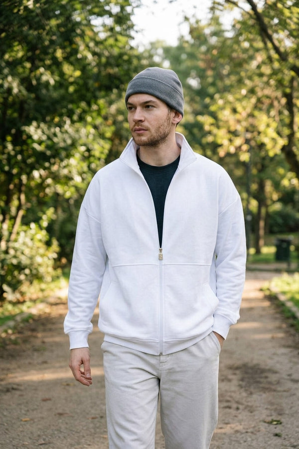 Erkek Beyaz Dik Yaka Fermuarlı Oversize Sweatshirt