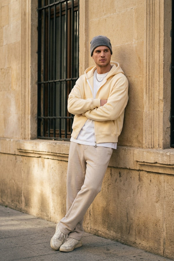 Erkek Boxy Oversize Fermuarlı Chill Vanilya Sweatshirt