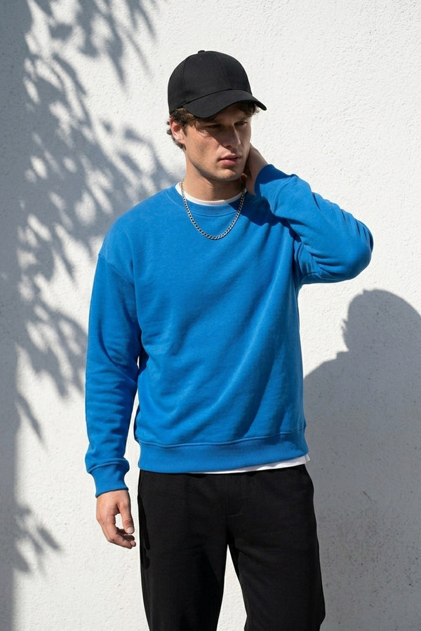 Erkek Boxy Oversize Mavi Sweatshirt