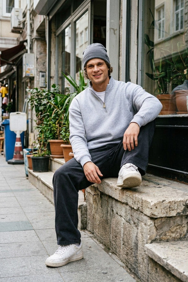 Erkek Gri Fermuarlı Oversize Sweatshirt