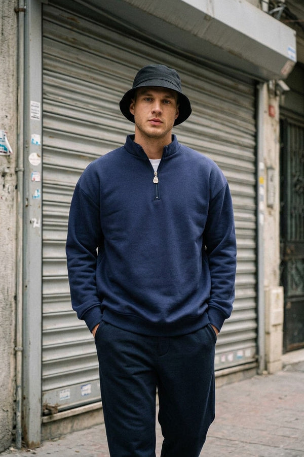 Erkek Lacivert Fermuarlı Oversize Sweatshirt