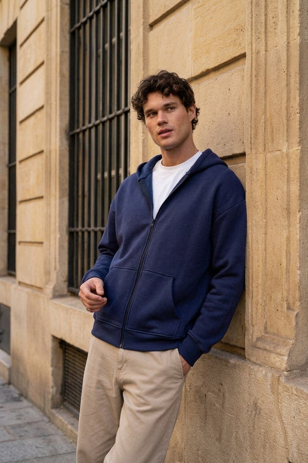 Erkek Oversize Fermuarlı Kapüşonlu Lacivert Sweatshirt