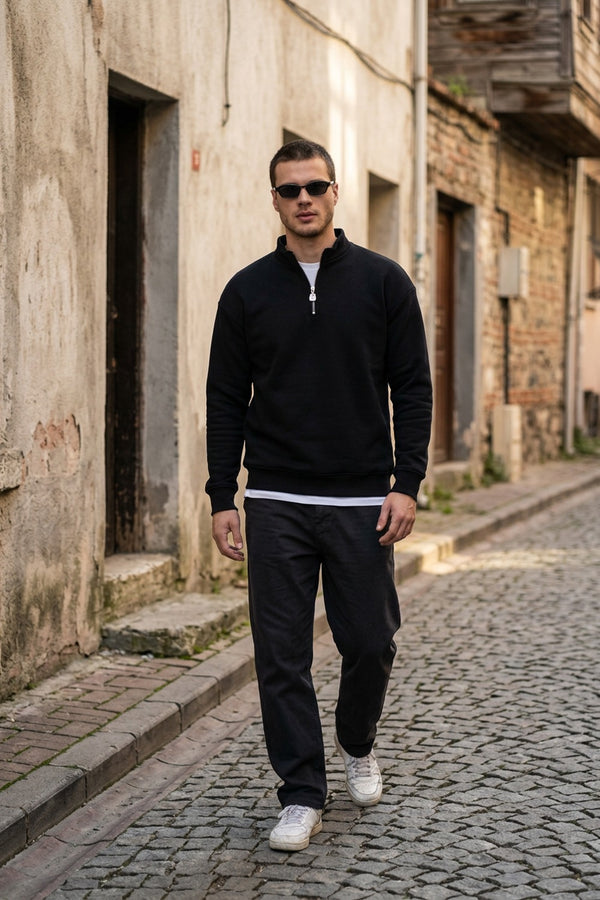 Erkek Siyah Fermuarlı Oversize Sweatshirt