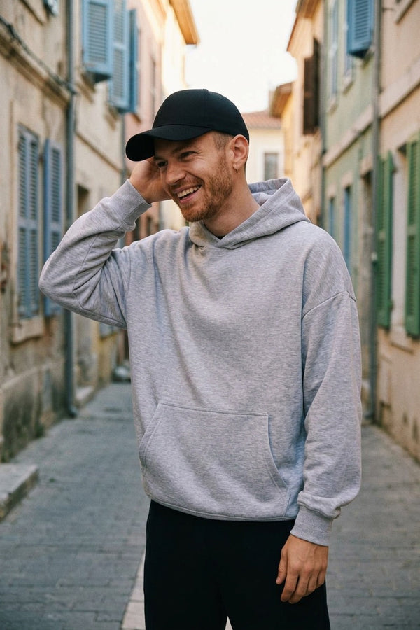 Erkek Timeless Oversize Gri Hoodie Sweatshirt