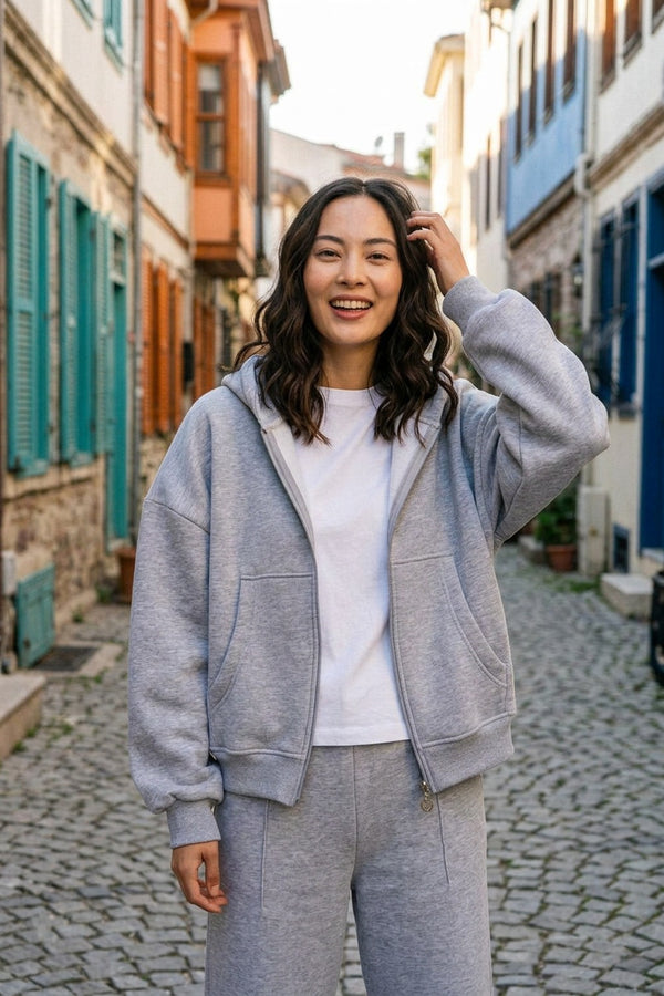 Kadın Chill Oversize Gri Fermuarlı Sweatshirt