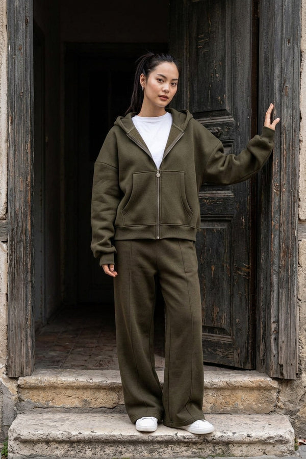 Kadın Chill Oversize Haki Fermuarlı Sweatshirt