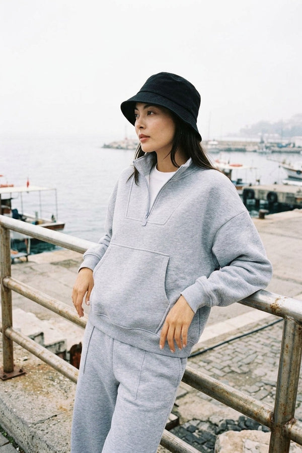 Kadın Gri Fermuarlı Oversize Sweatshirt