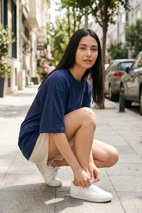 Kadın Plain Oversize Lacivert T-Shirt