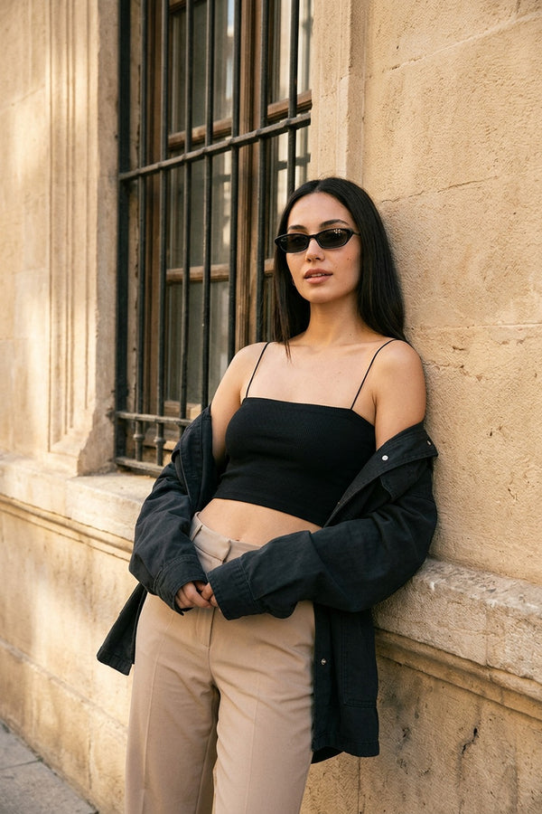 Kadın Siyah Fitilli İp Askılı Crop Top