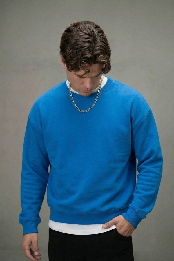 Erkek Boxy Oversize Mavi Sweatshirt