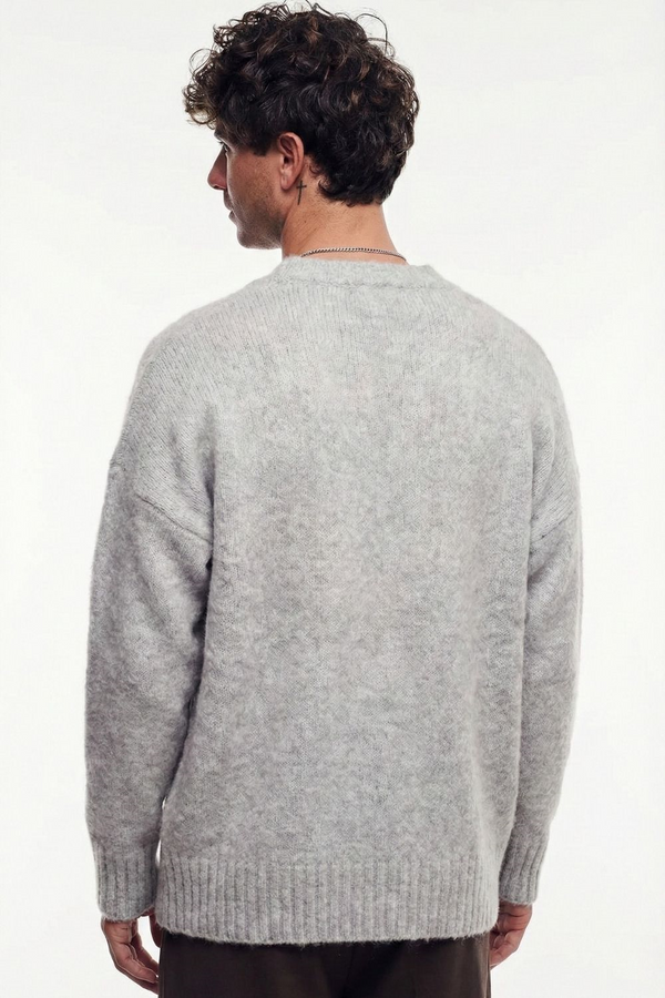 Erkek Gri Oversize Sakallı Düğmeli Hırka