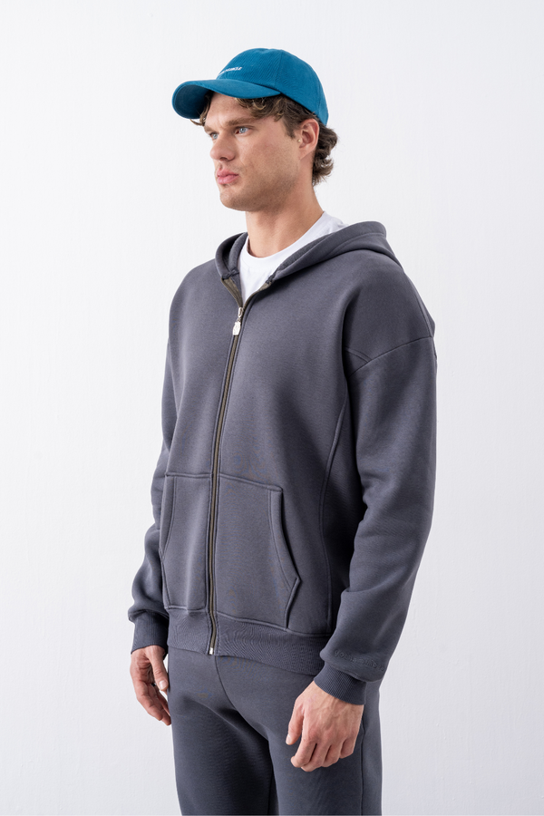 Erkek Oversize Fermuarlı Kapüşonlu Antrasit Sweatshirt