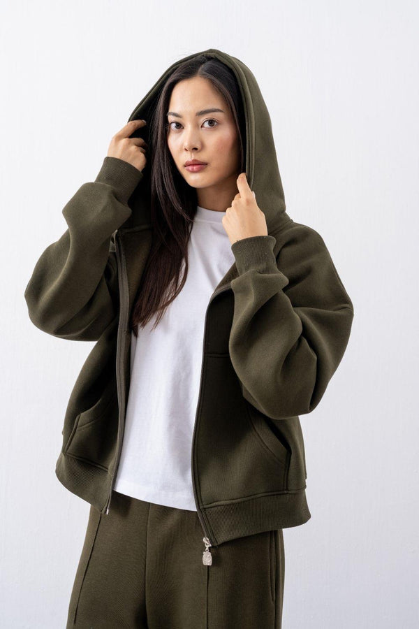 Kadın Chill Oversize Haki Fermuarlı Sweatshirt