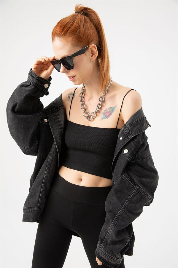 Kadın Siyah Fitilli İp Askılı Crop Top