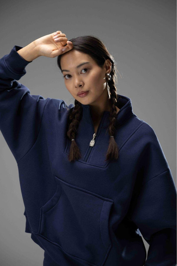 Kadın Lacivert Fermuarlı Oversize Sweatshirt