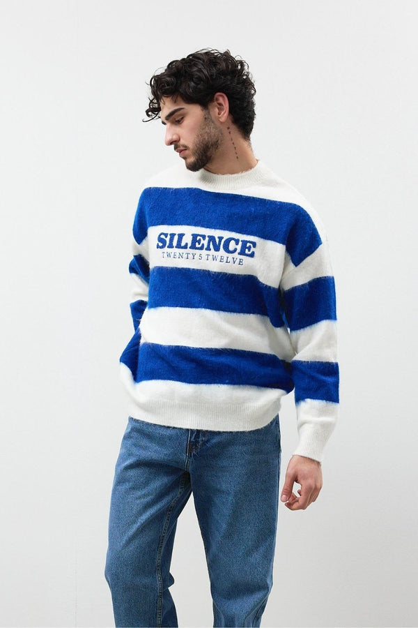 Erkek Saks Oversize Çizgili Kazak