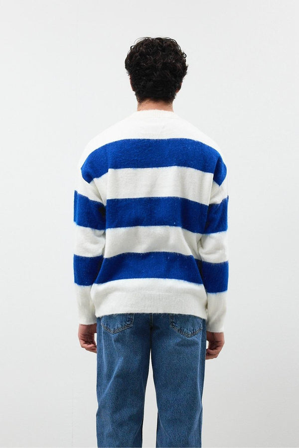 Erkek Saks Oversize Çizgili Kazak