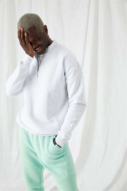 Erkek Beyaz Fermuarlı Oversize Sweatshirt