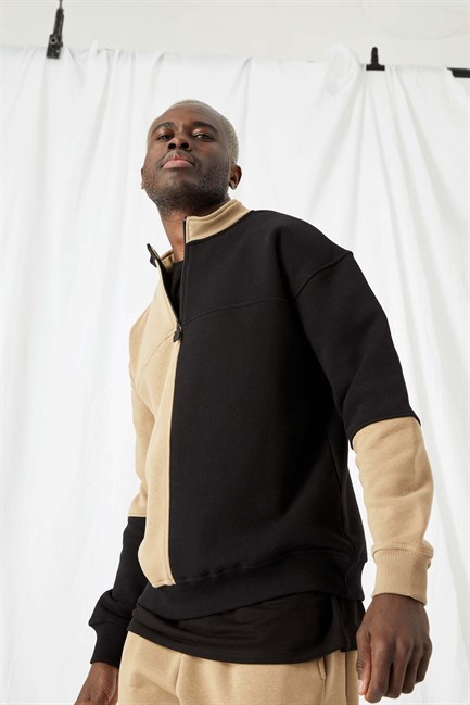 Erkek Fermuarlı Oversize Bej-Siyah Sweatshirt