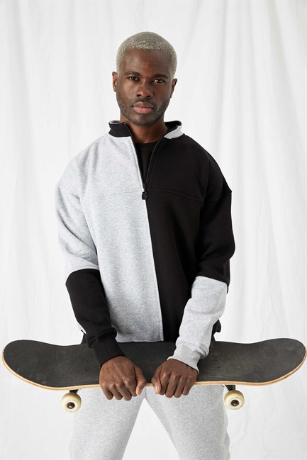 Erkek Fermuarlı Oversize Gri-Siyah Sweatshirt