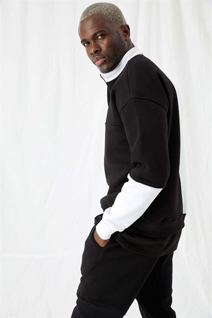 Erkek Fermuarlı Oversize Siyah-Beyaz Sweatshirt