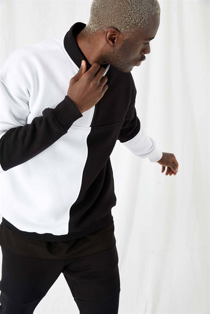Erkek Fermuarlı Oversize Siyah-Beyaz Sweatshirt