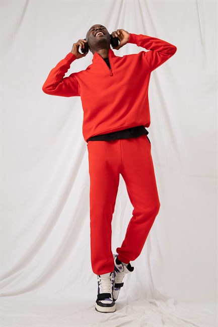 Erkek Kırmızı Fermuarlı Oversize Sweatshirt