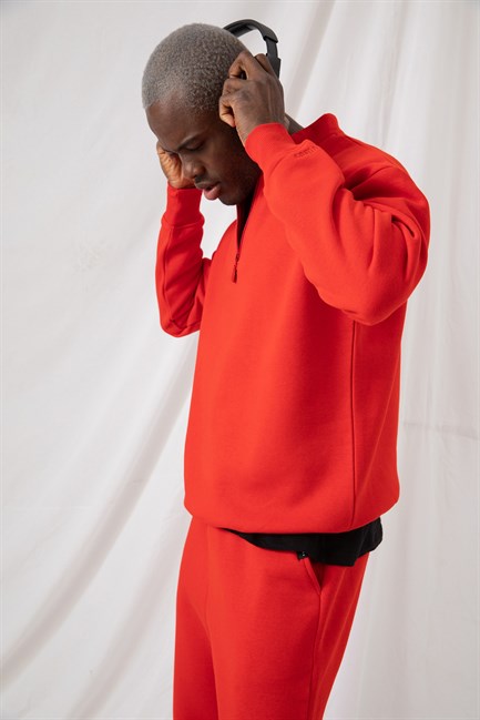 Erkek Kırmızı Fermuarlı Oversize Sweatshirt