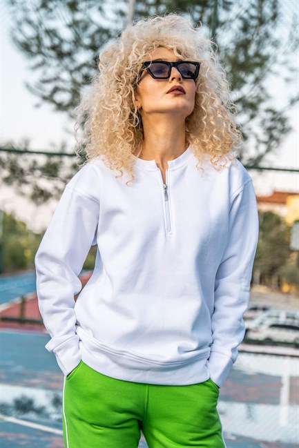 Kadın Beyaz Yakası Fermuarlı Oversize Sweatshirt