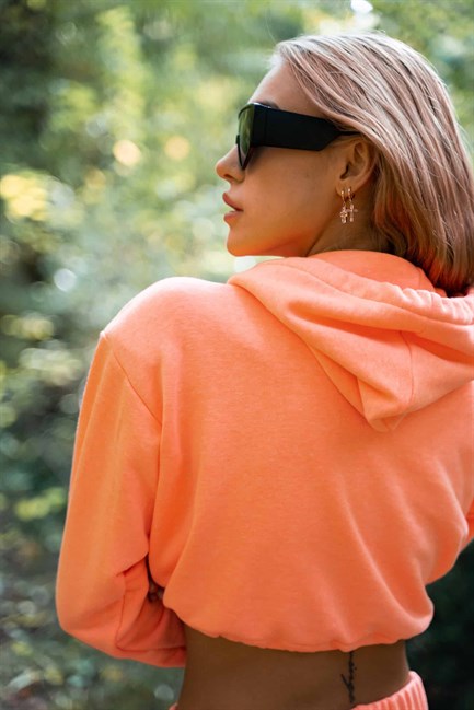Kadın High Vatkalı Neon Turuncu Kısa Sweatshirt