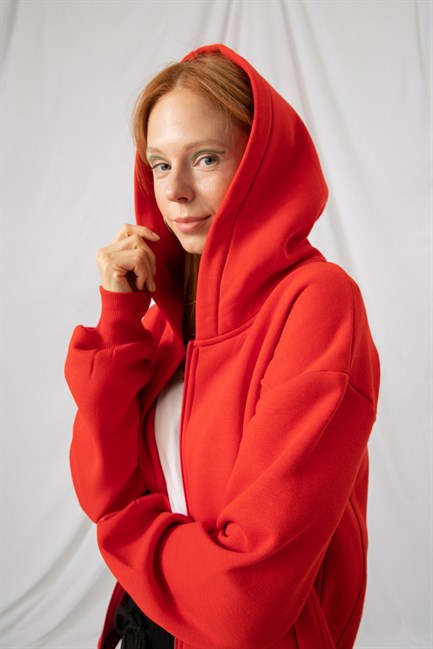 Kadın Oversize Fermuarlı Kapüşonlu Kırmızı Sweatshirt