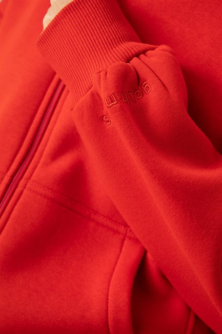 Kadın Oversize Fermuarlı Kapüşonlu Kırmızı Sweatshirt