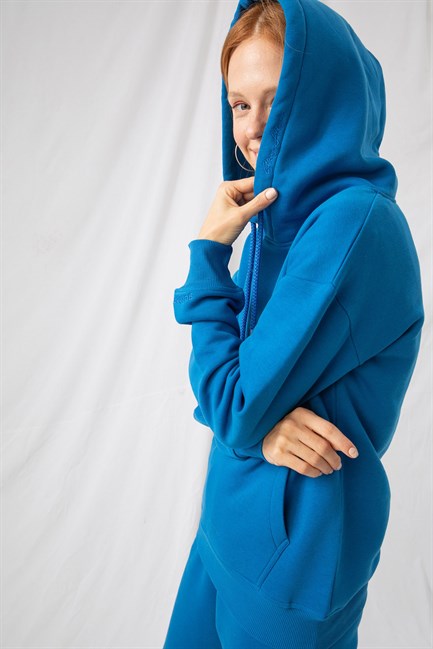 Kadın Stay Oversize Mavi Hoodie Sweatshirt