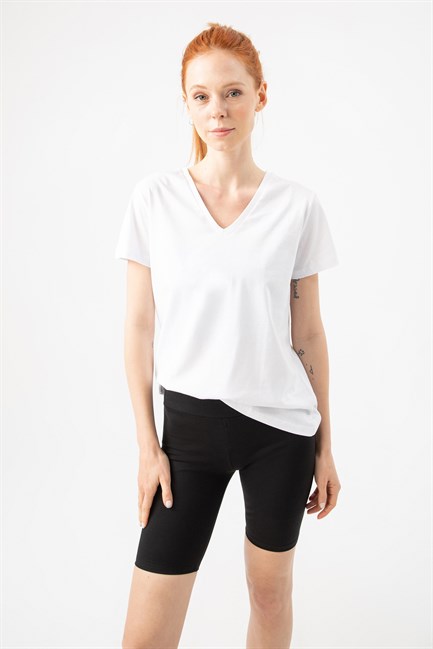 Kadın V Yaka Beyaz T-Shirt