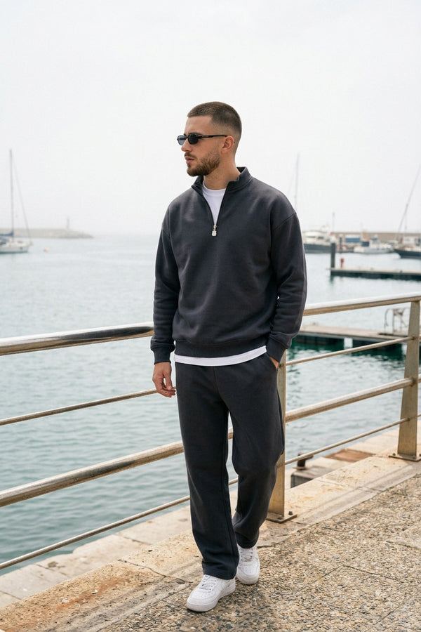 Erkek Antrasit Fermuarlı Oversize Sweatshirt