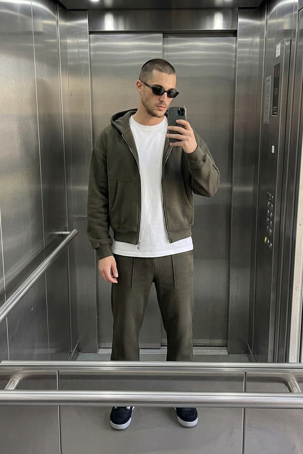 Erkek Boxy Oversize Fermuarlı Chill Haki Sweatshirt