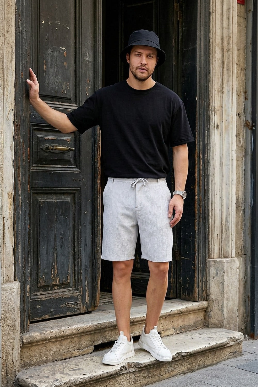 Erkek Gri Çizgili Şort