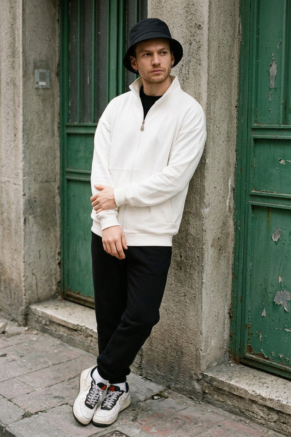 Erkek Krem Dik Yaka Fermuarlı Oversize Sweatshirt