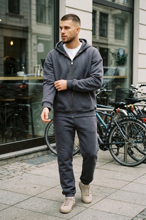 Erkek Oversize Fermuarlı Kapüşonlu Antrasit Sweatshirt