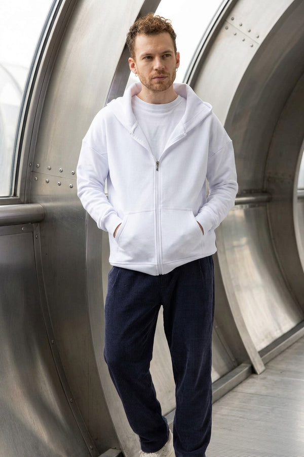 Erkek Oversize Fermuarlı Kapüşonlu Beyaz Sweatshirt