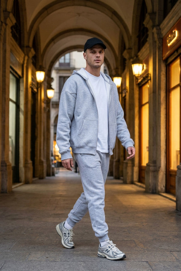 Erkek Oversize Fermuarlı Kapüşonlu Gri Sweatshirt