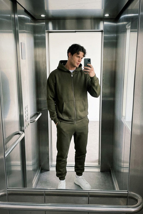Erkek Oversize Fermuarlı Kapüşonlu Haki Sweatshirt