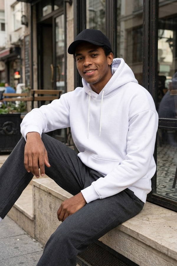 Erkek Stay Oversize Beyaz Hoodie Sweatshirt