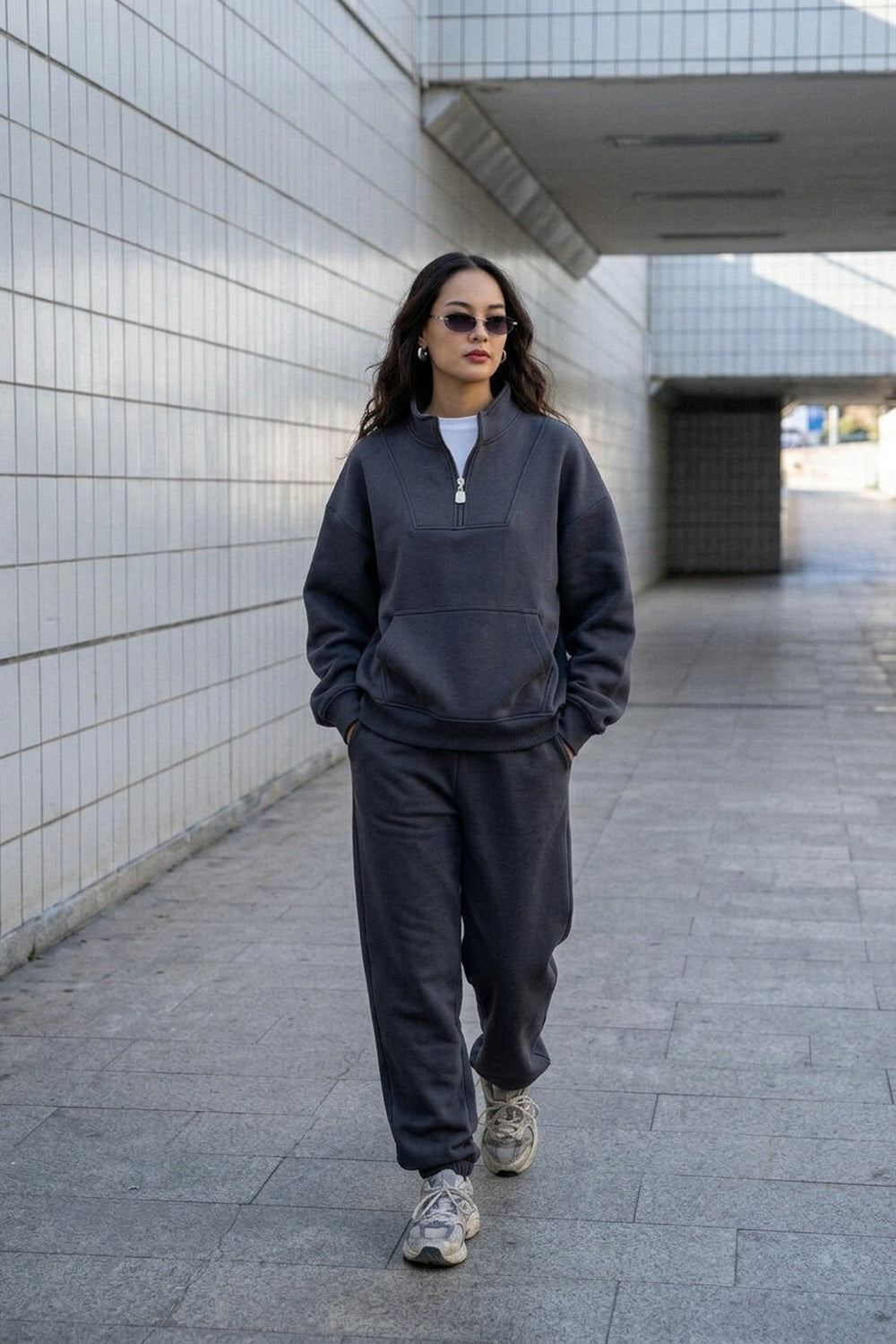 Kadın Antrasit Fermuarlı Oversize Sweatshirt