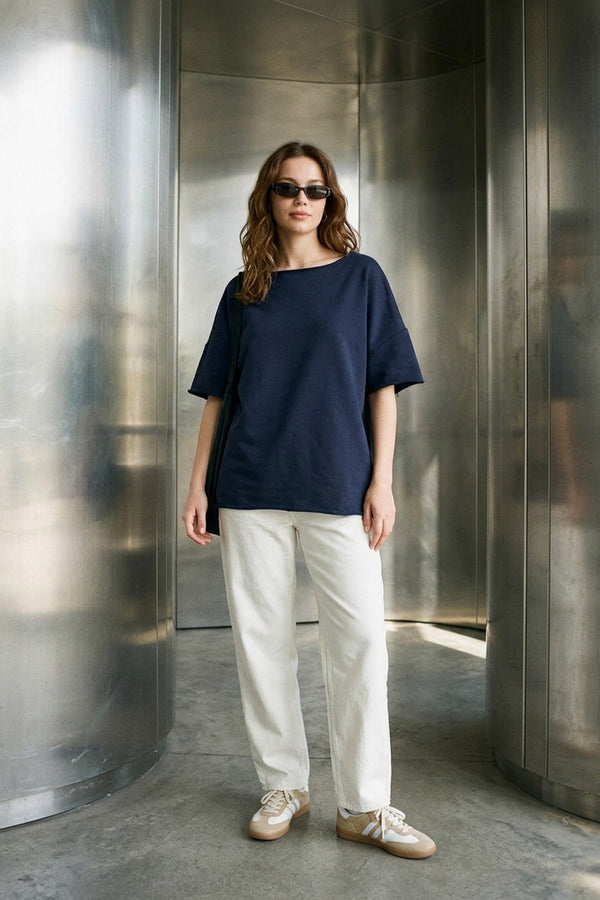 Kadın Blank Boxy Lacivert T-Shirt