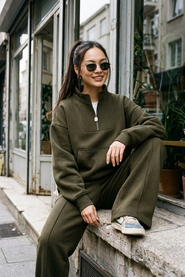 Kadın Haki Fermuarlı Oversize Sweatshirt