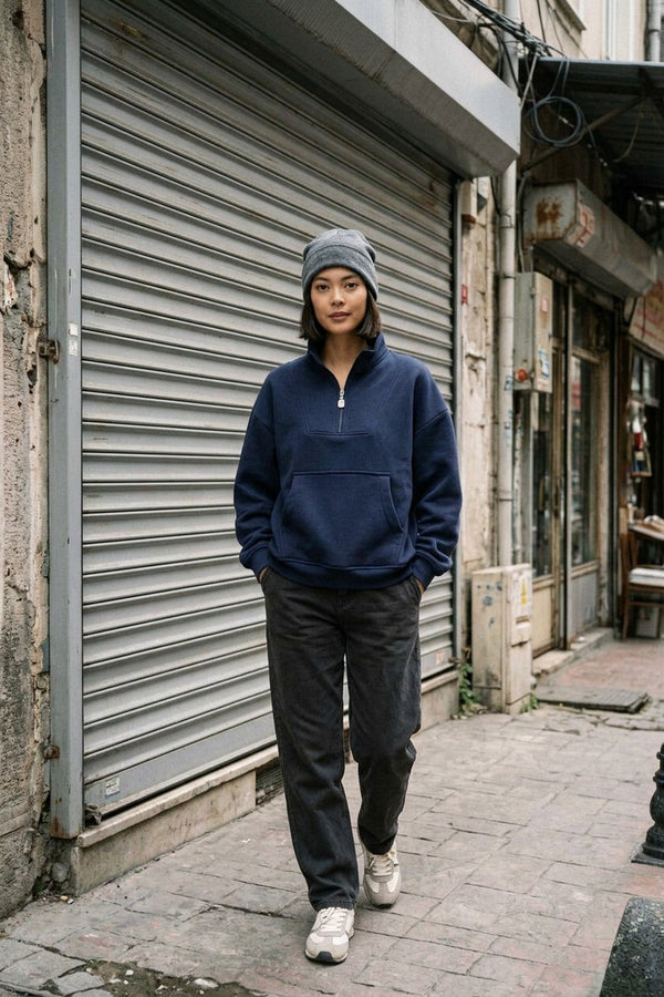 Kadın Lacivert Fermuarlı Oversize Sweatshirt