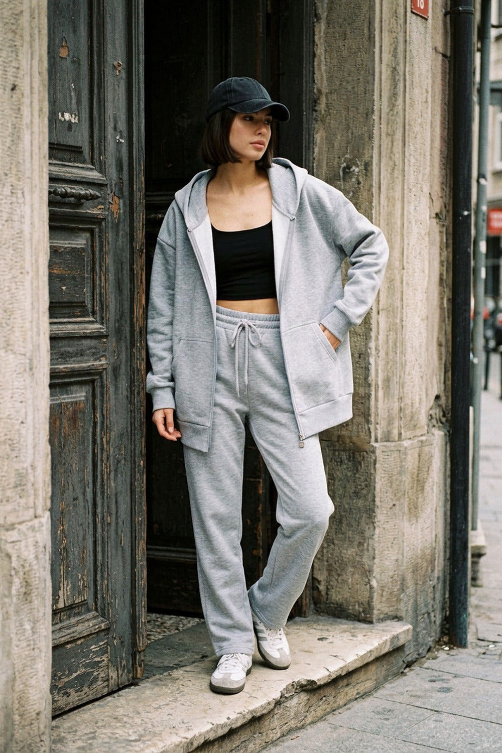 Kadın Oversize Fermuarlı Kapüşonlu Gri Sweatshirt