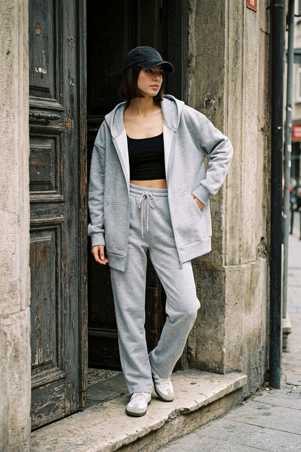 Kadın Oversize Fermuarlı Kapüşonlu Gri Sweatshirt