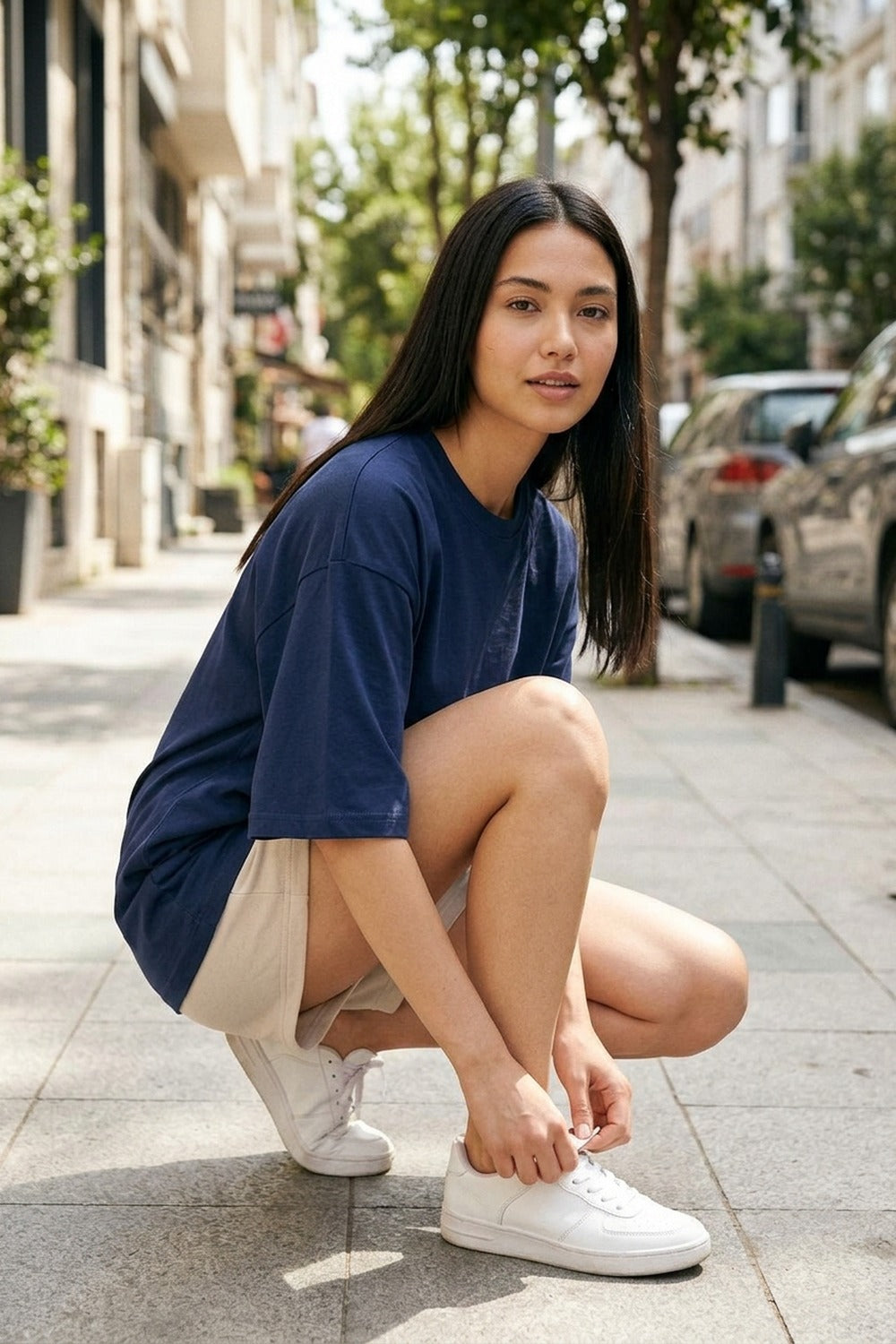 Kadın Plain Oversize Lacivert T-Shirt